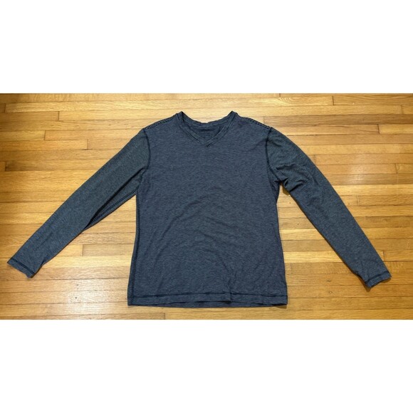Lululemon T Shirt Mens Large Striped Long Sleeve V Neck Athletic Black Grey - Picture 1 of 5